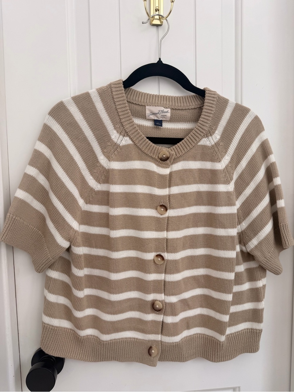 Short-Sleeve Striped Knit Cardigan - Taupe & White